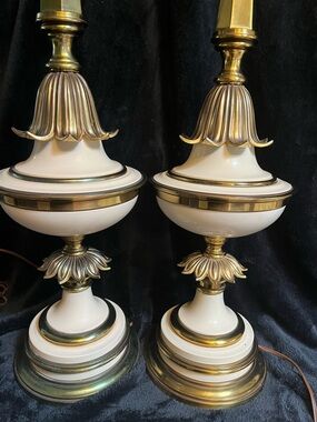 Mid Century Modern Pair of White and brass Decorative Table Torchiere Lamps